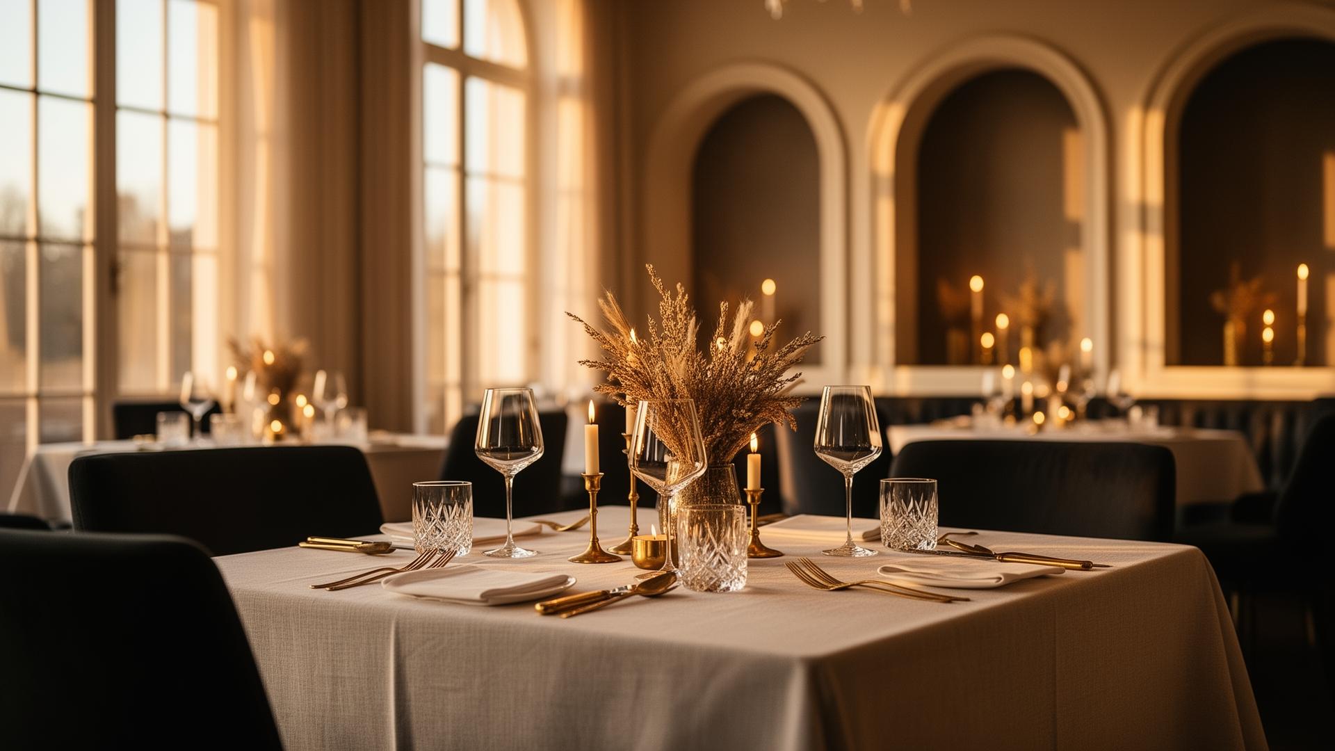 Candlelit fine dining table set with linen and crystal at golden hour